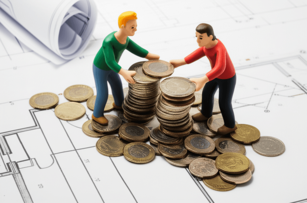 A visual representation of two people combining their savings to build a larger house out of coins and blueprints