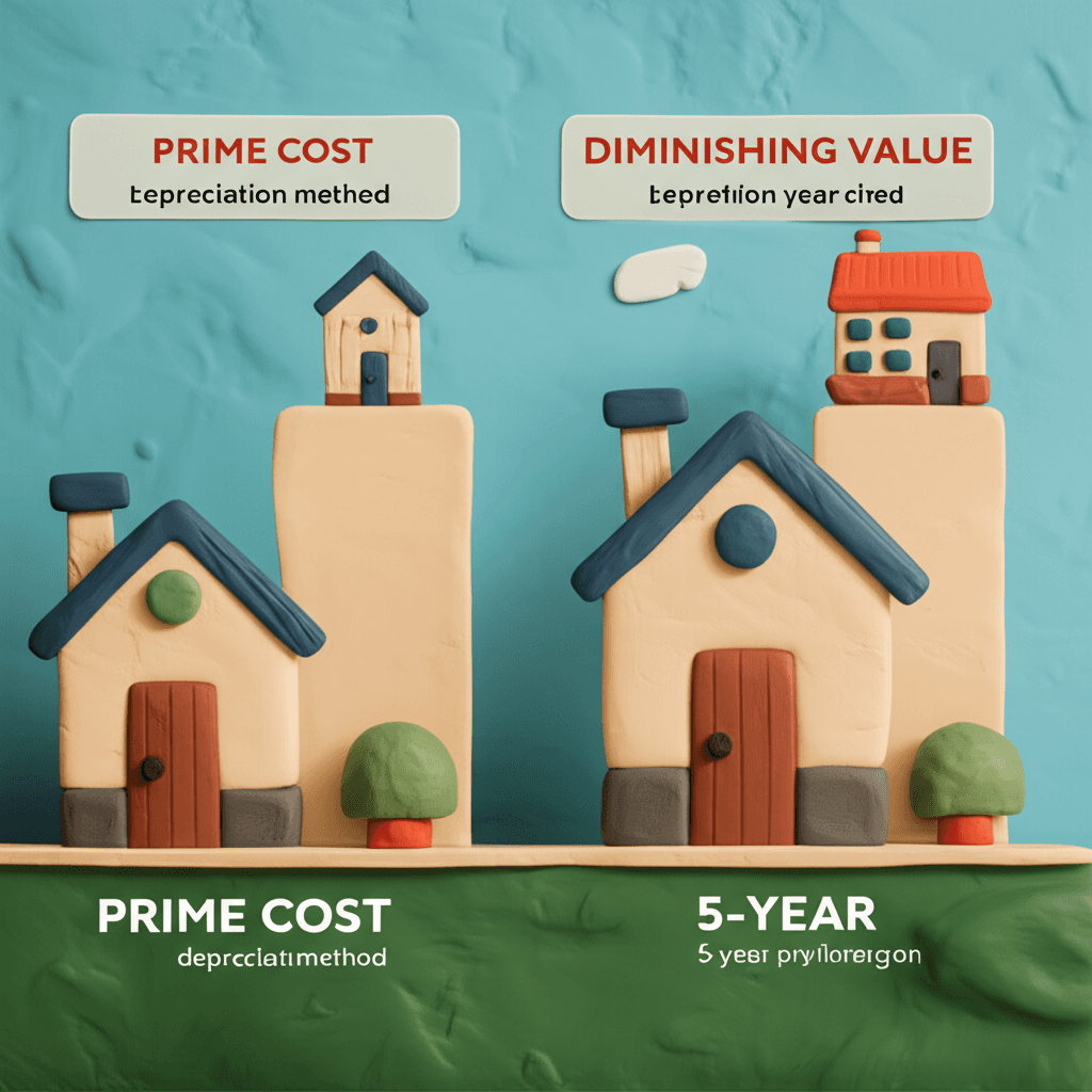 A clear infographic comparing the Prime Cost and Diminishing Value depreciation methods over a 5-year period for a property asset