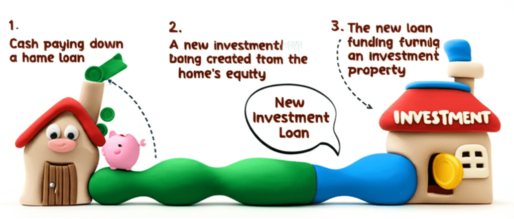 The debt recycling process involves paying down your mortgage with savings, redrawing those funds as a separate investment loan, and using it to purchase an income-producing asset.