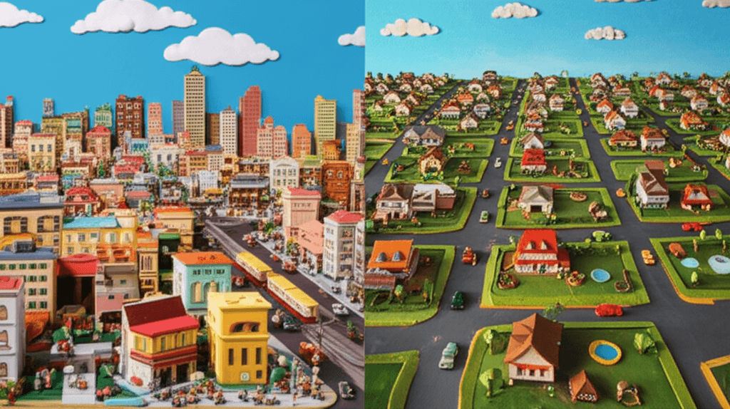 A visual comparison of a dense, vibrant city block versus a sprawling, low-density Australian suburb