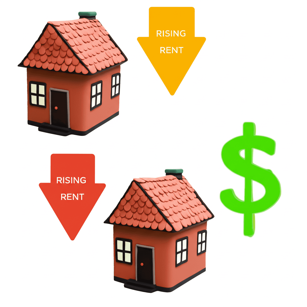An infographic showing the three scenarios that change a property's rental yield: falling property price, rising rent, and both rising together.