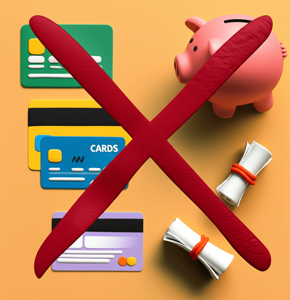 A graphic showing different types of debt, like credit cards and personal loans, with a red X over them, symbolising their negative impact on borrowing capacity.