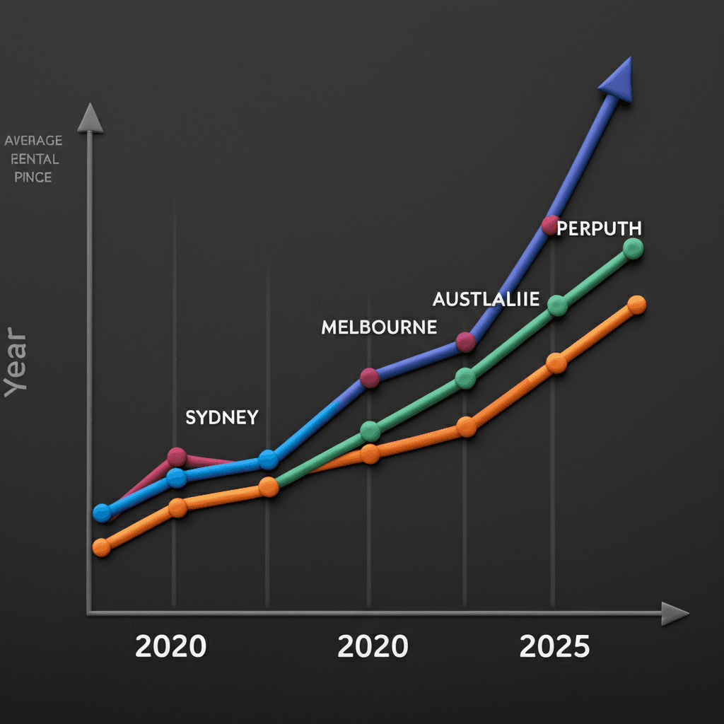 A line graph showing the steep increase in average rental prices in major Australian cities from 2020 to 2025
