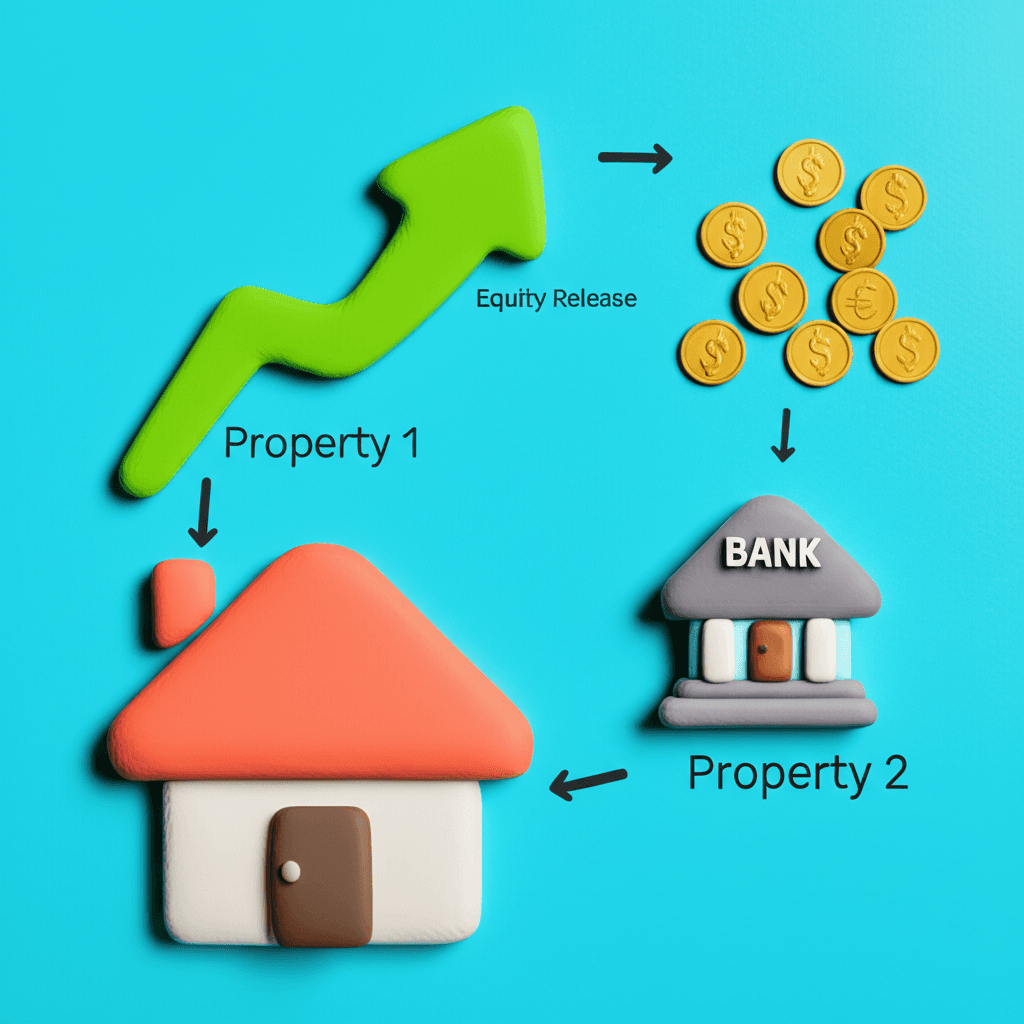 A simple infographic showing a cycle: Property 1 with a rising arrow appreciates in value, an arrow points to a bank icon showing equity being released, and another arrow points to the equity being used as a deposit for Property 2.