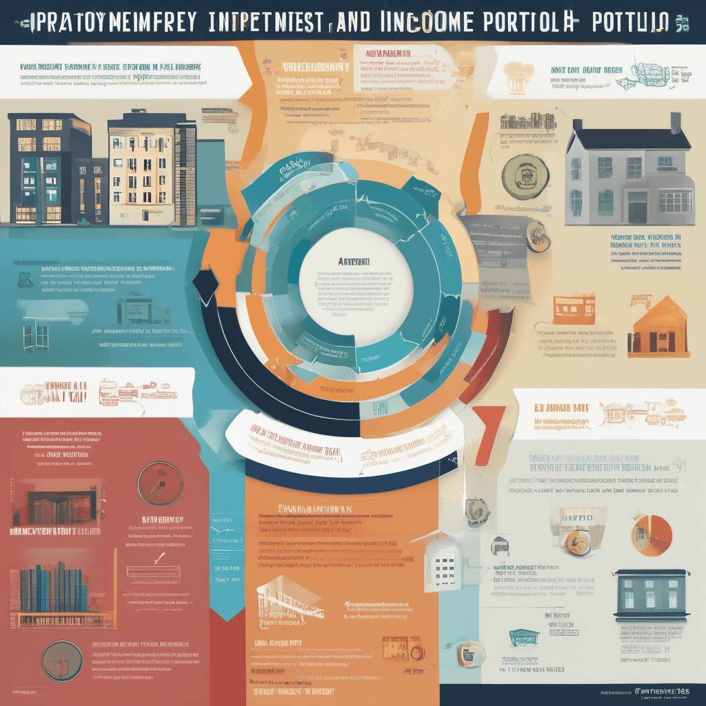 A modern infographic breaking down the key components of a property investment portfolio: capital, income, debt, and yield.