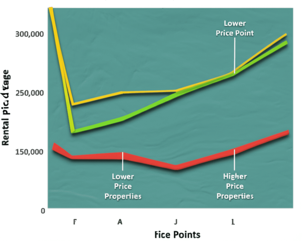 A line graph comparing rental yield percentages across different Australian property price points, with cheaper properties showing higher yields.