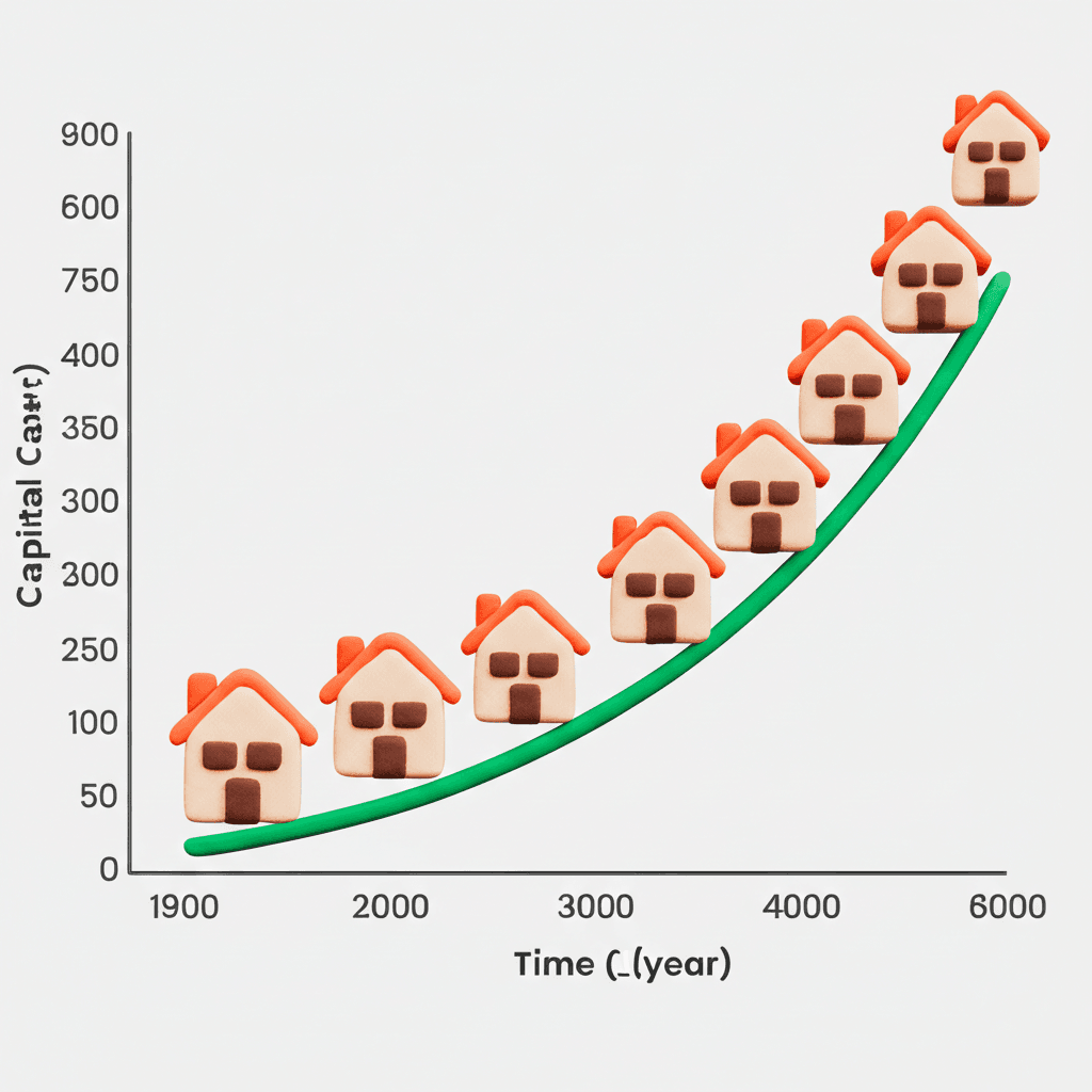 A vibrant chart showing exponential capital growth required to fund five property purchases in two years, contrasted with a more realistic, steady growth curve.