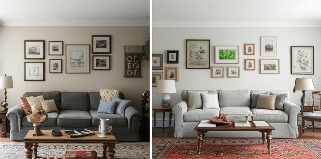 A split-screen image showing a tired, un-staged living room on the left and the same room freshly painted and professionally staged on the right
