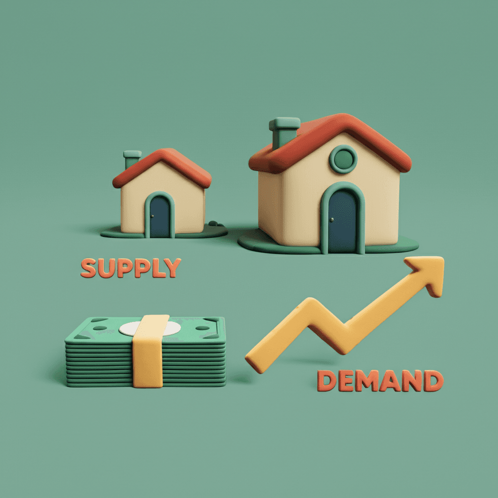 A clean, modern infographic illustrating the core principles of housing supply and demand with simple icons.
