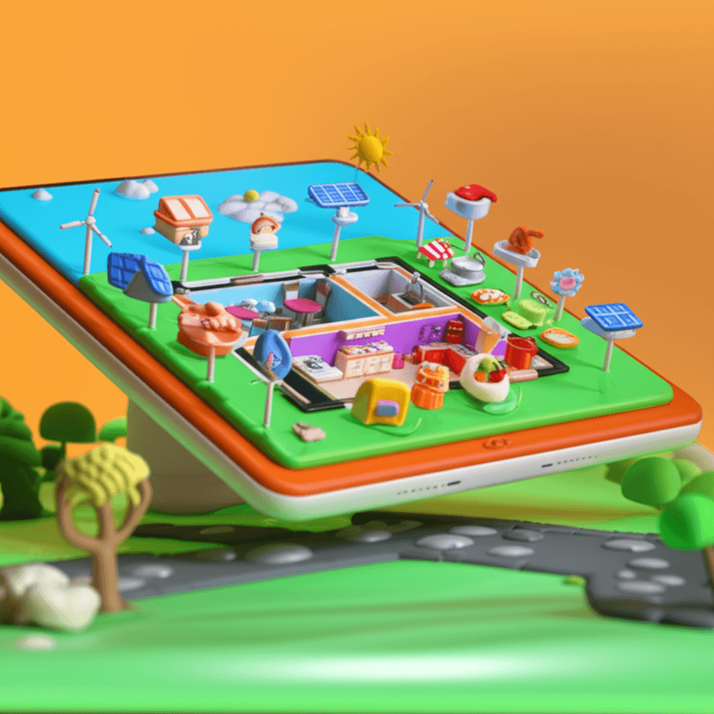 A digital blueprint of a house on a tablet, with icons for different features and materials like kitchen, bedrooms, and sustainable energy.