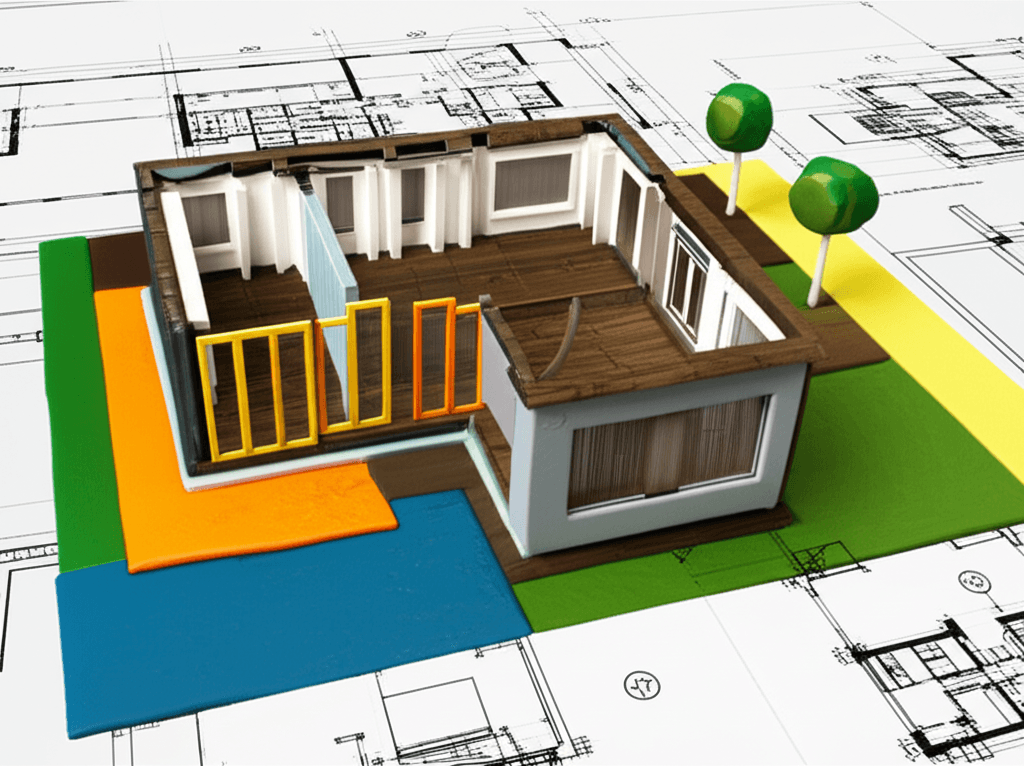An architectural blueprint of a modern Australian home with certain structural elements like walls, roof, and foundations highlighted