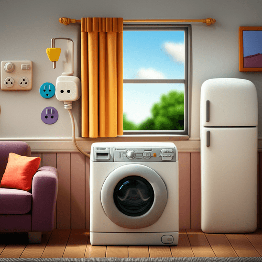 A modern apartment living room with icons highlighting smart energy-saving devices: a smart plug in the wall, thermal curtains on the window, and an energy-efficient appliance.