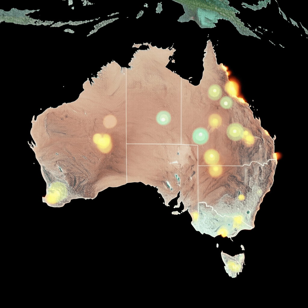 A map of Australia with glowing clusters of data points over several capital cities, representing property market hotspots