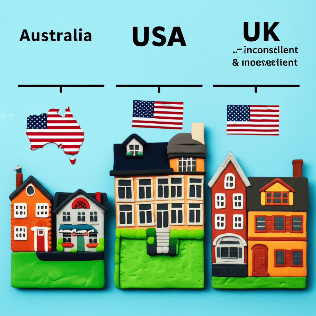 A comparative graphic showing stylised property cycle charts for Australia, the USA, and the UK, with text overlays indicating inconsistent cycle lengths.