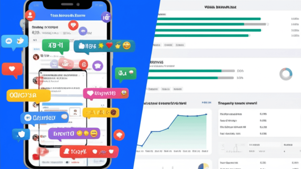 A split-screen image showing a confusing, hype-filled social media feed on one side and a clean, clear data dashboard with property charts on the other.