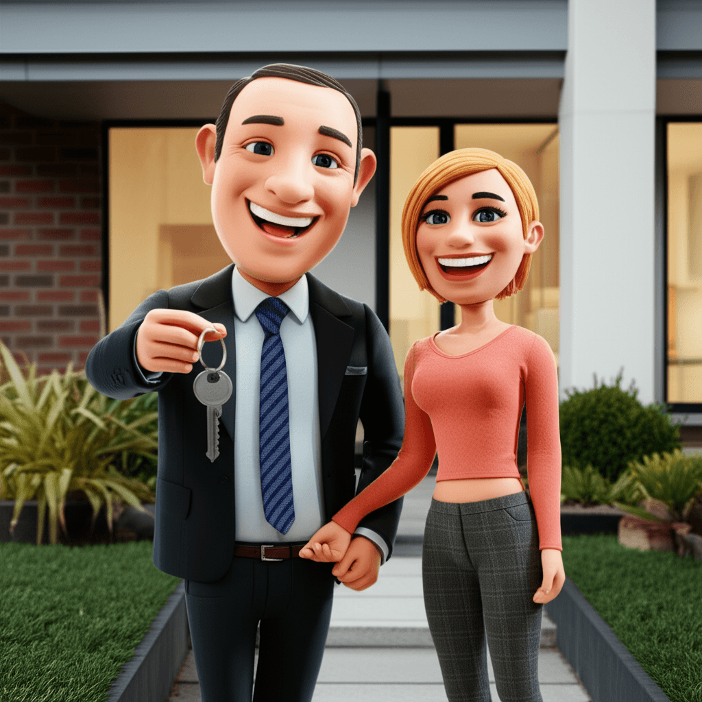 A professional and positive image of a landlord handing keys to happy tenants outside a modern Australian home
