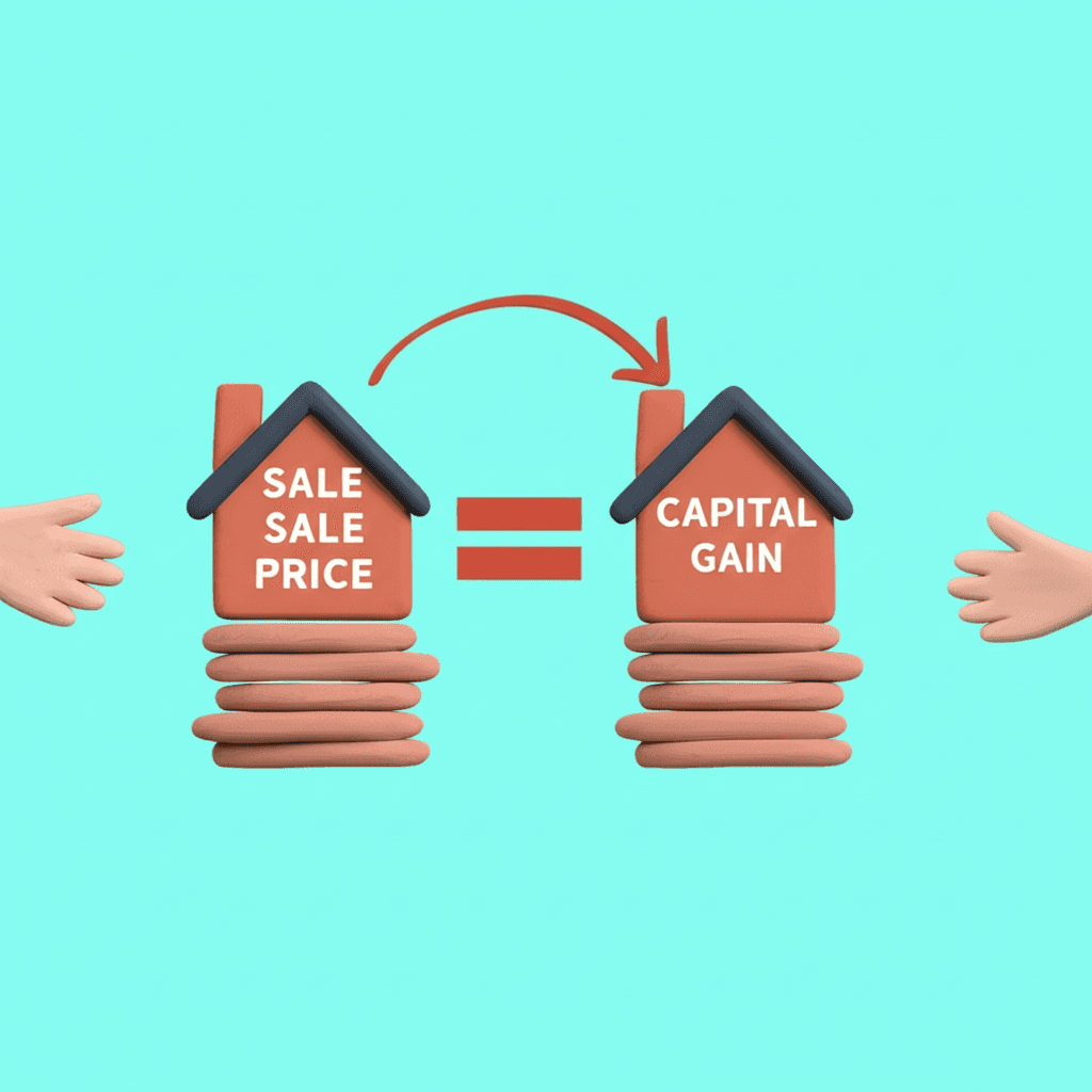 Calculating capital gains involves subtracting selling costs and the adjusted cost base, which includes depreciation claimed over the years, from the final sale price.