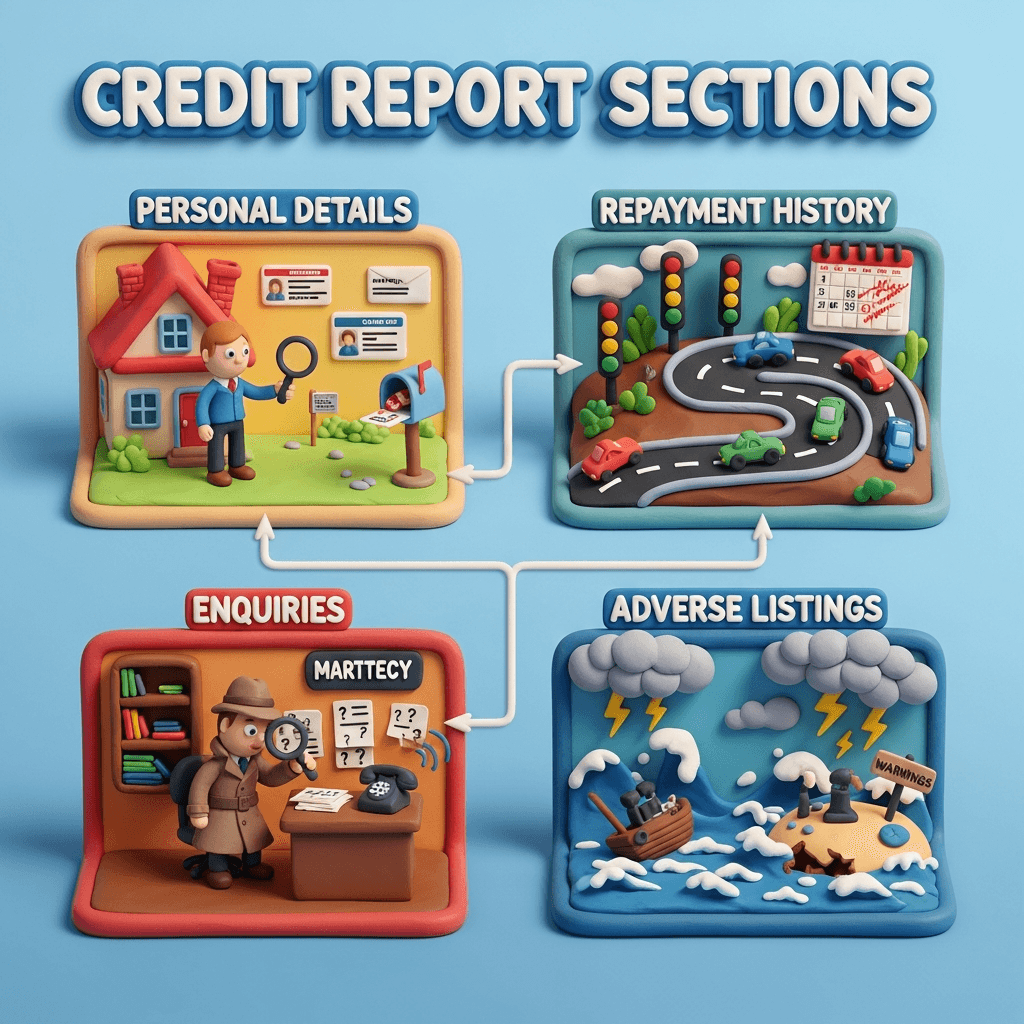 A credit report contains detailed sections on personal information, repayment history, credit enquiries, and any negative listings.