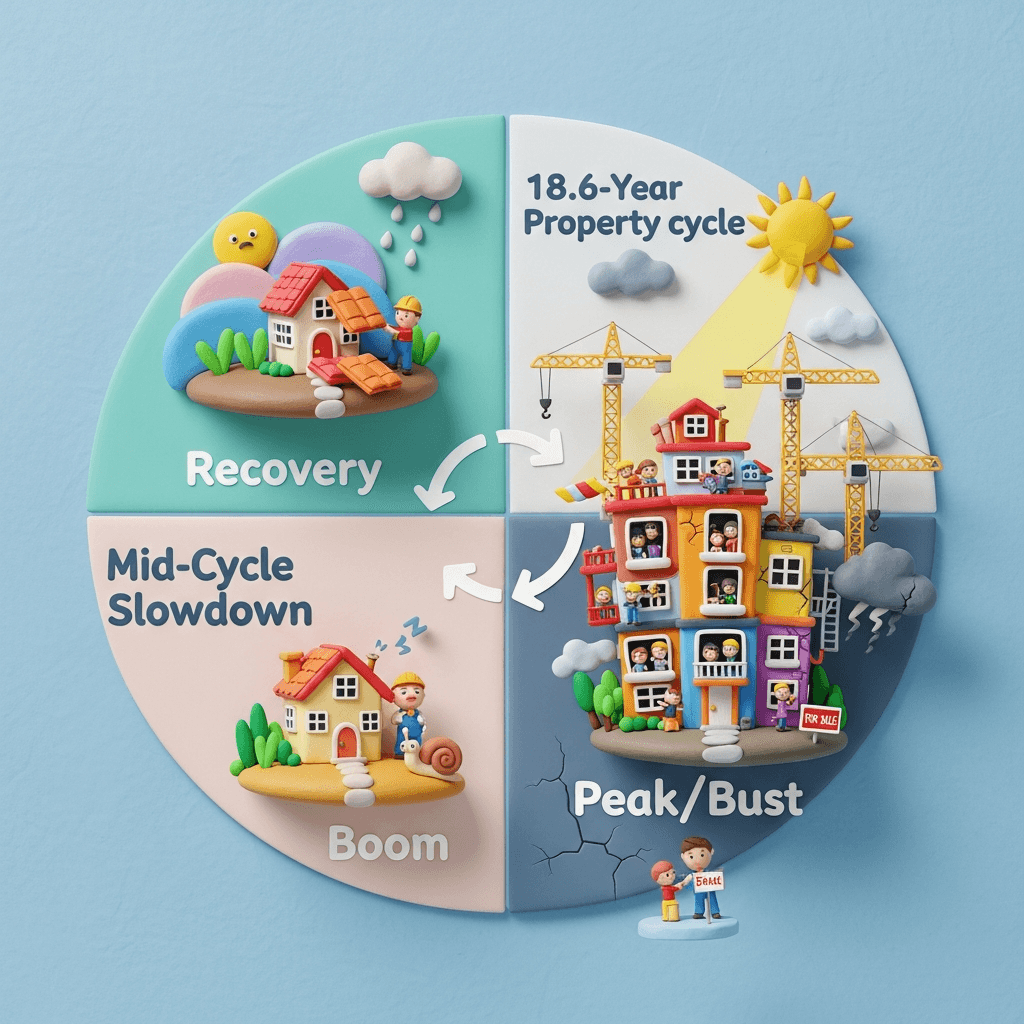 The 18.6-year property cycle is defined by four key phases, starting with a recovery, followed by a mid-cycle slowdown, an aggressive boom phase, and culminating in a market peak and correction.