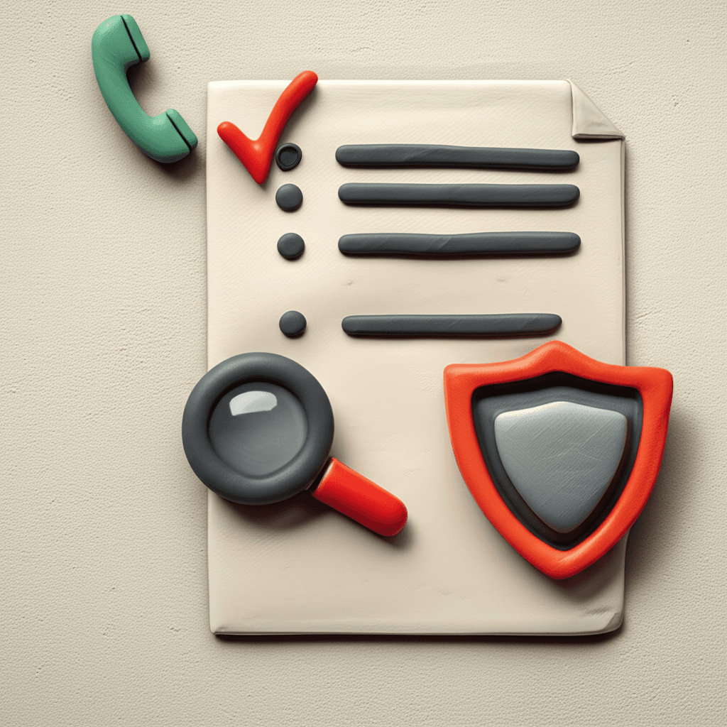 A checklist graphic with icons representing security tips for online property transactions, such as a phone call, a magnifying glass, and a shield