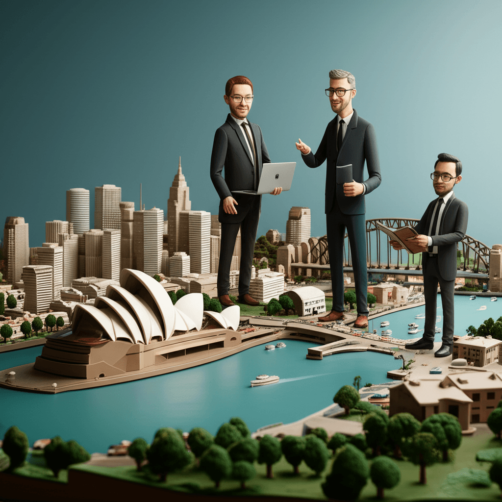 A modern illustration depicting different high-net-worth buyer profiles, such as tech entrepreneurs and international investors, around a map of Sydney