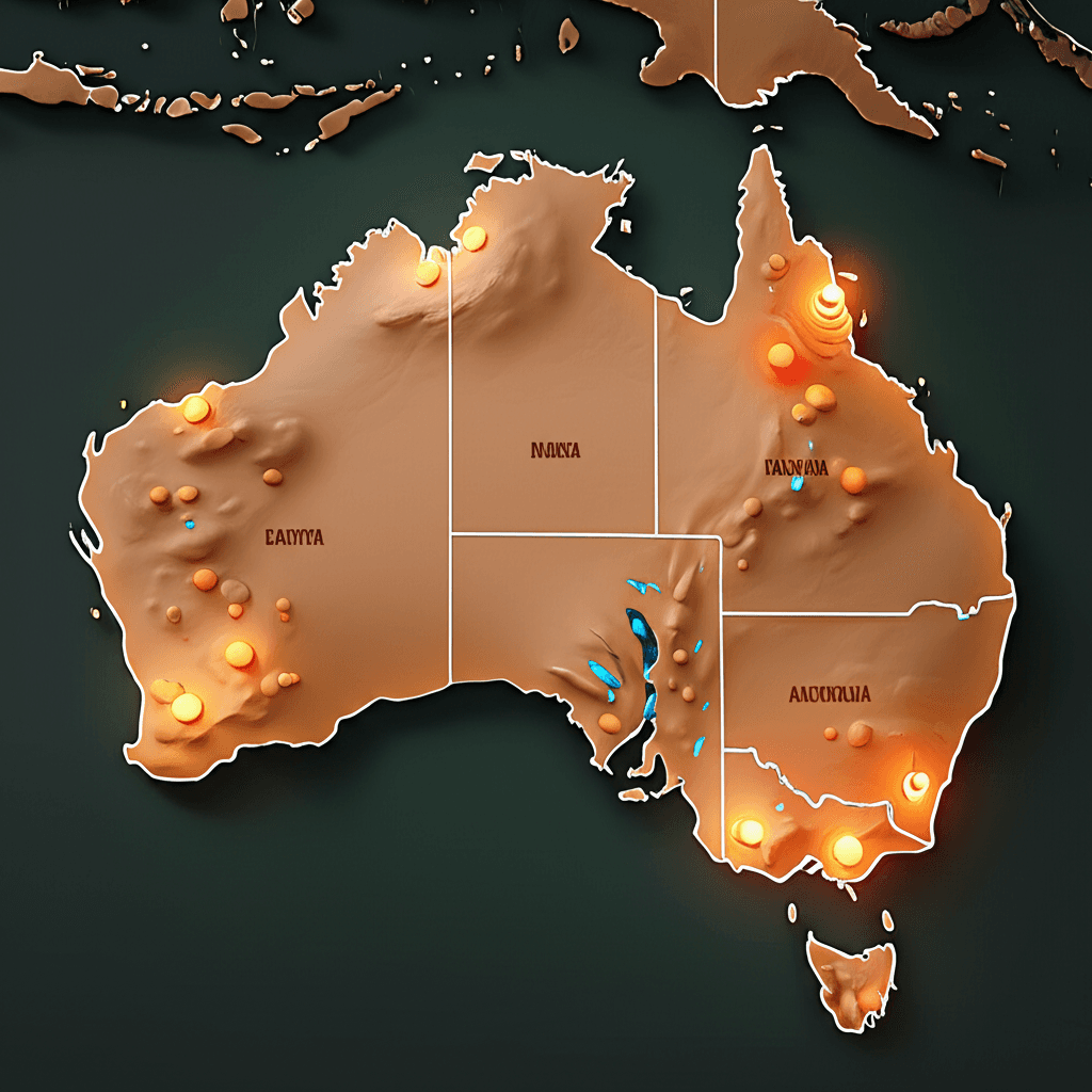 A map of Australia highlighting the capital cities with a glowing effect, symbolizing property price hotspots.
