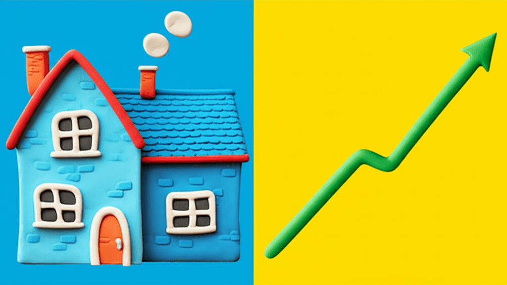 A split-screen graphic comparing a residential house on one side with a rising stock market chart on the other
