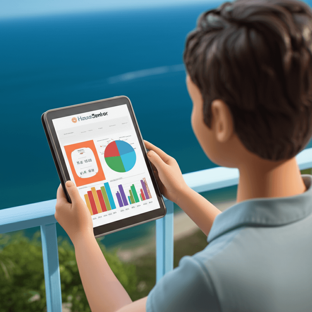 A person on a balcony overlooking the ocean, using a tablet to analyse property data charts from HouseSeeker
