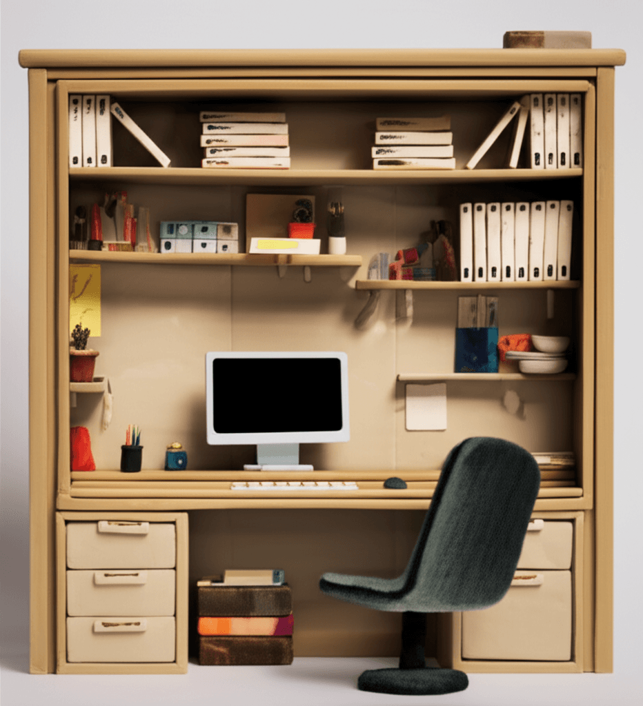 A stylish home office with a clever Murphy bed folded into the wall, showcasing a multi-functional space