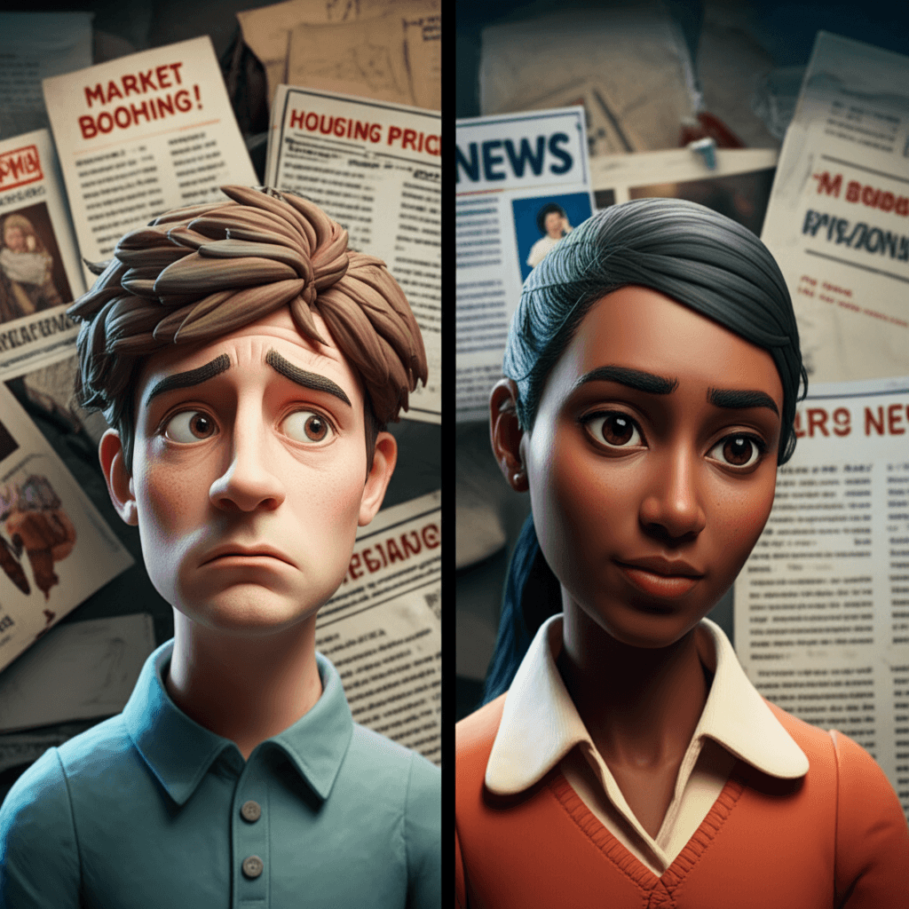 A split-screen image showing a confused person looking at conflicting news headlines on one side, and a calm, focused person analyzing property data charts on a sleek dashboard on the other side