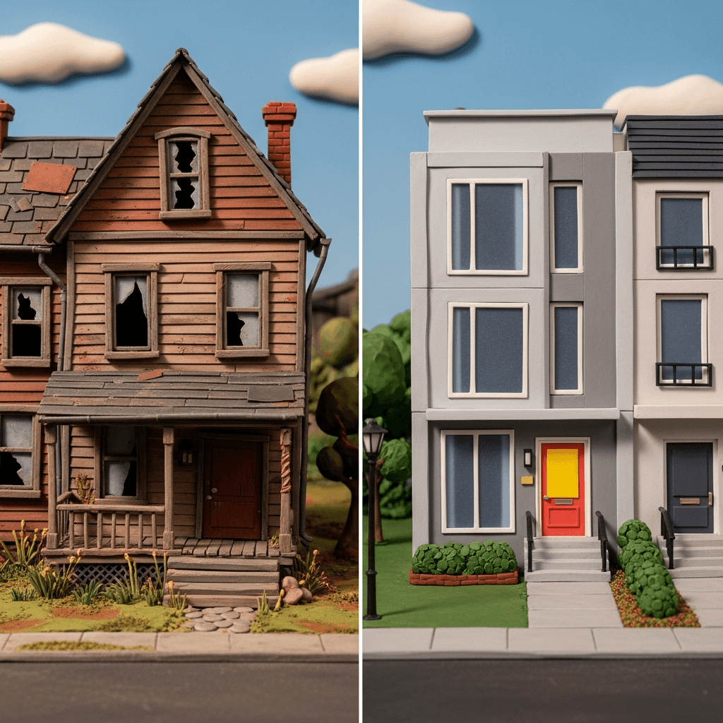 Gentrification transforms neighbourhoods by replacing older housing stock with modern developments, attracting more affluent residents and driving up property values.