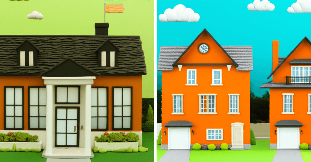 A split-screen graphic comparing a single luxury house with two smaller investment properties, with financial charts overlaid