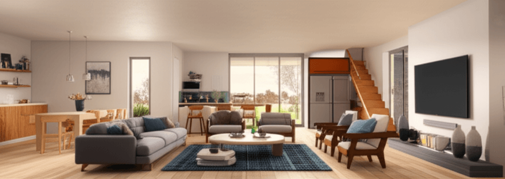 A modern, light-filled open-plan living area in a newly built Australian home