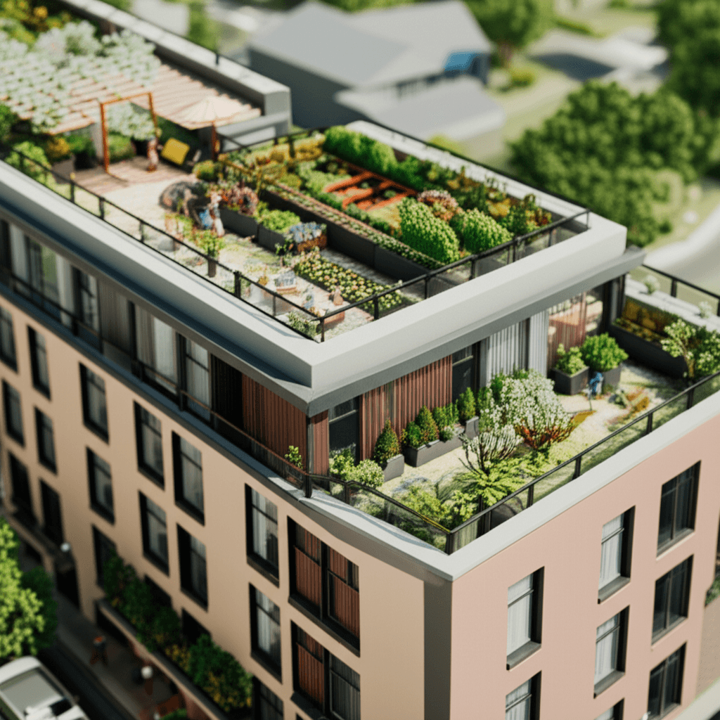A photorealistic architectural rendering of a modern Build-to-Rent apartment building with a rooftop garden and community spaces