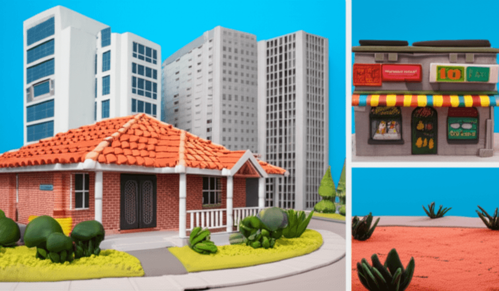 A montage of different Australian property types: a suburban house, a city apartment block, a commercial storefront, and a block of vacant land