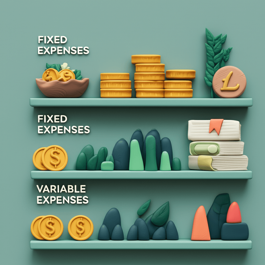 A clean and modern infographic illustrating personal budget categories like fixed and variable expenses