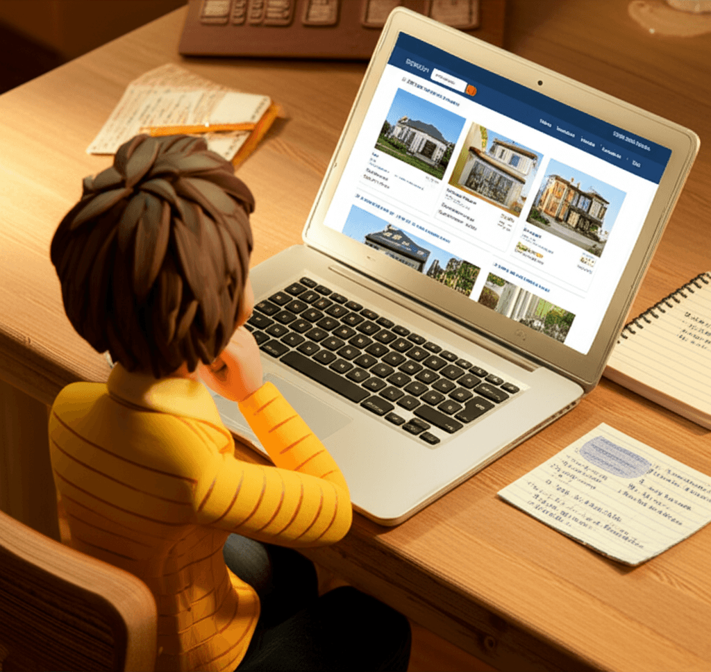 A young person at a desk with a laptop, looking thoughtfully at a property search website, with financial planning notes nearby