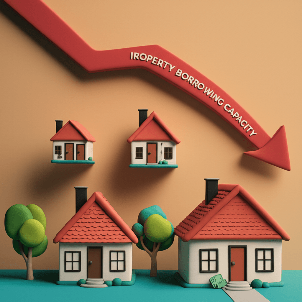 A dynamic infographic showing the relationship between falling interest rates and increasing property borrowing capacity for 2025