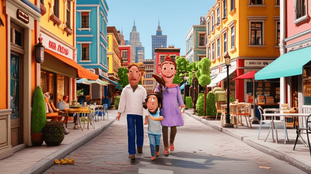 A happy family walking through a vibrant, high-density urban neighbourhood with cafes and parks
