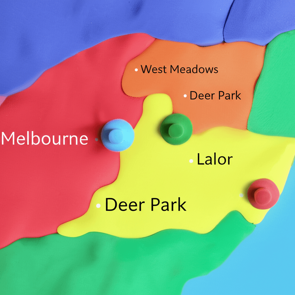 A map of Melbourne highlighting the northern and western growth corridors, with pins on West Meadows, Deer Park, and Lalor