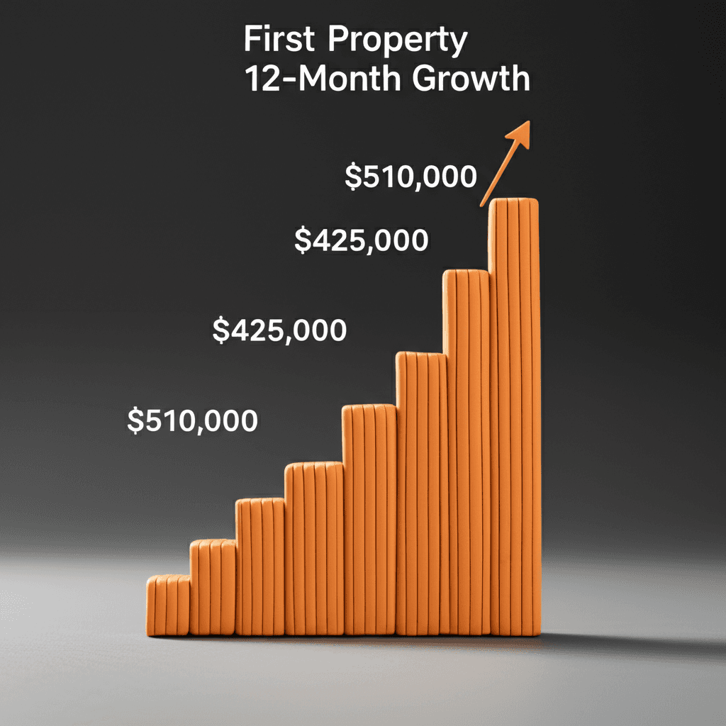A clean bar chart titled 'First Property 12-Month Growth' showing a bar growing from $425,000 to $510,000