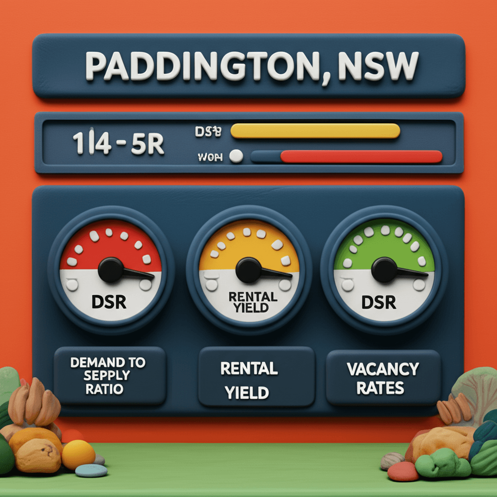 A digital dashboard showing key property investment metrics like DSR, rental yield, and vacancy rates for an Australian suburb