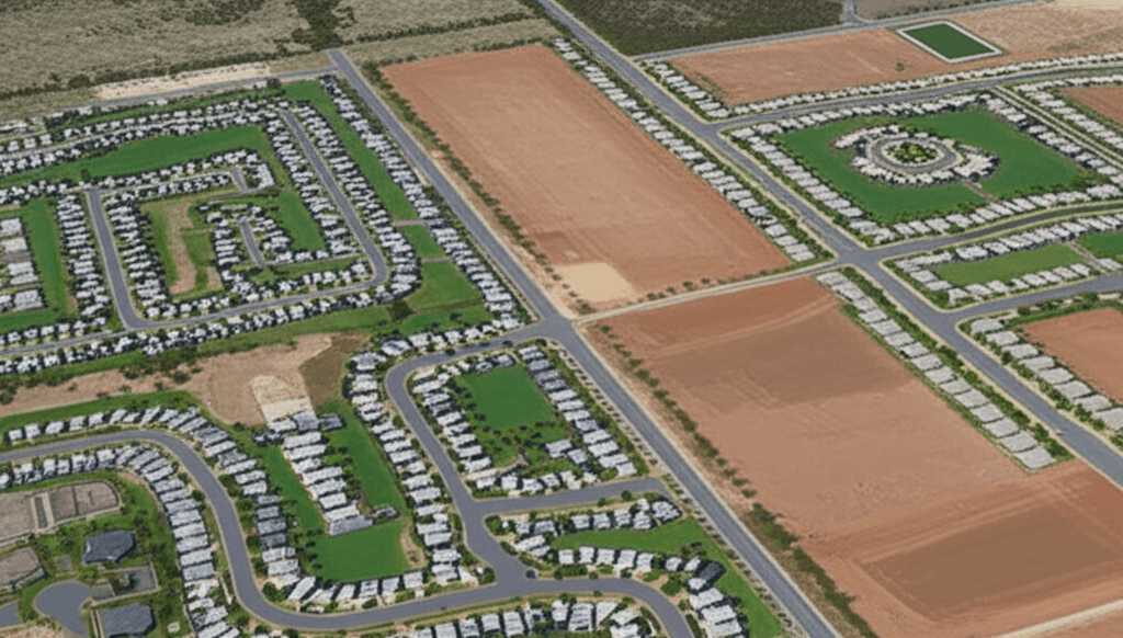 A satellite map view of a sprawling new housing estate in Australia, with cleared brown land adjacent to newly built homes