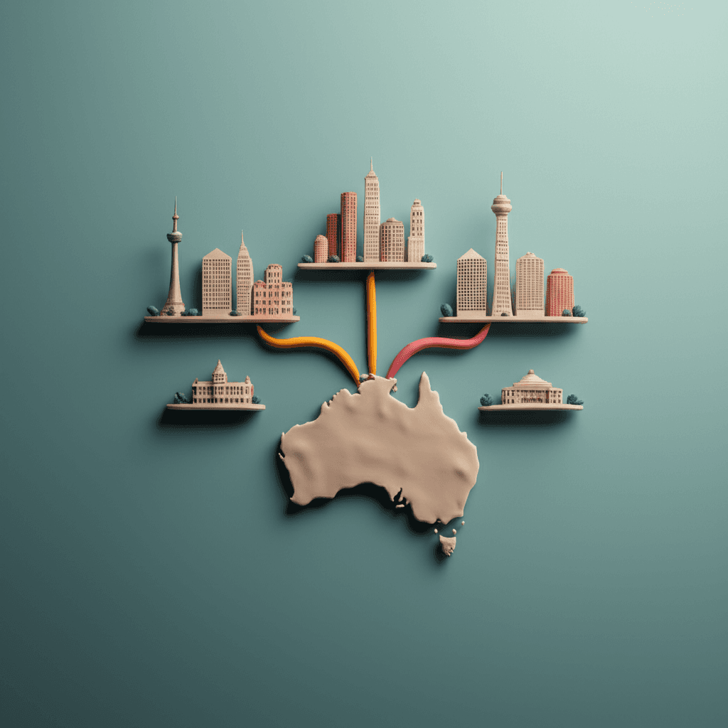 A sleek, modern graphic illustrating the concept of borderless investing, with arrows pointing from a central point in Australia to various high-growth regional and capital city markets.