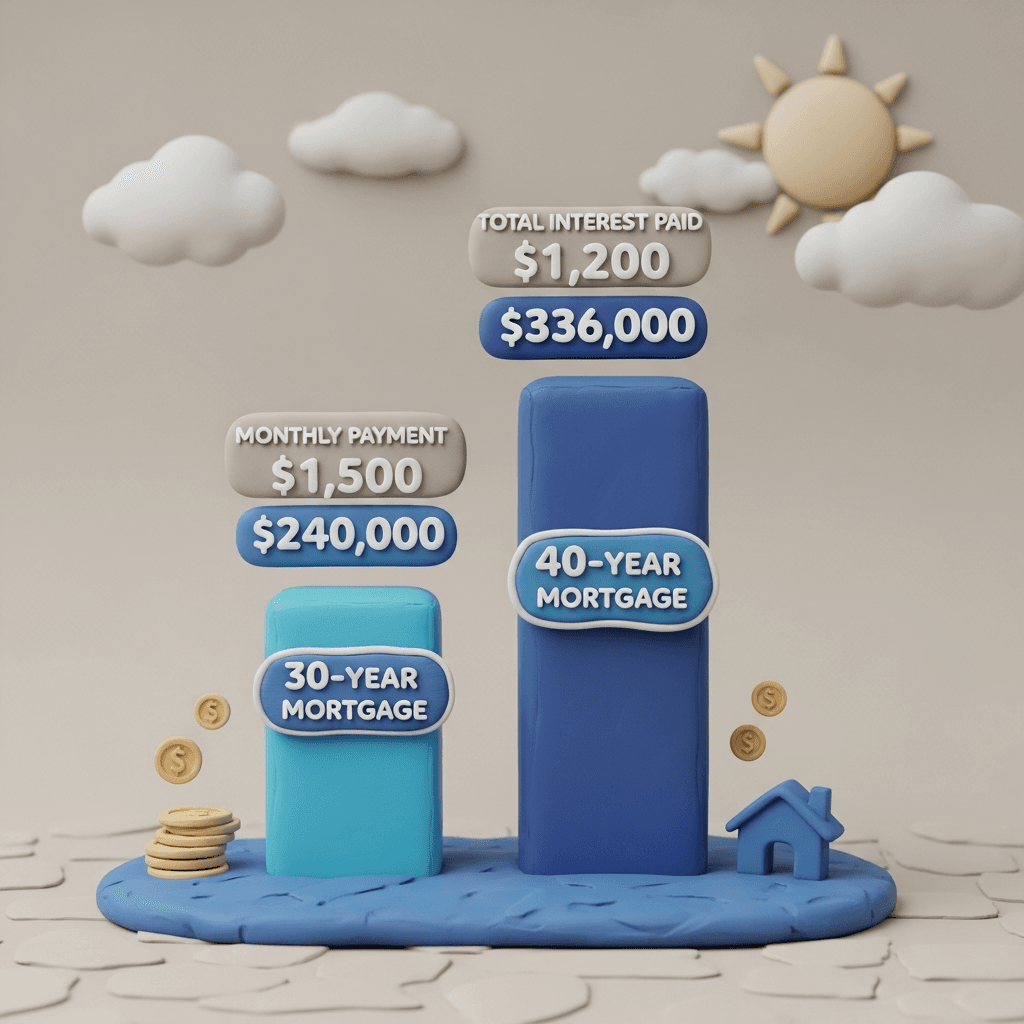A comparison of 30-year and 40-year mortgages shows that while monthly repayments are lower on a 40-year term, the total interest paid over the life of the loan is substantially higher.