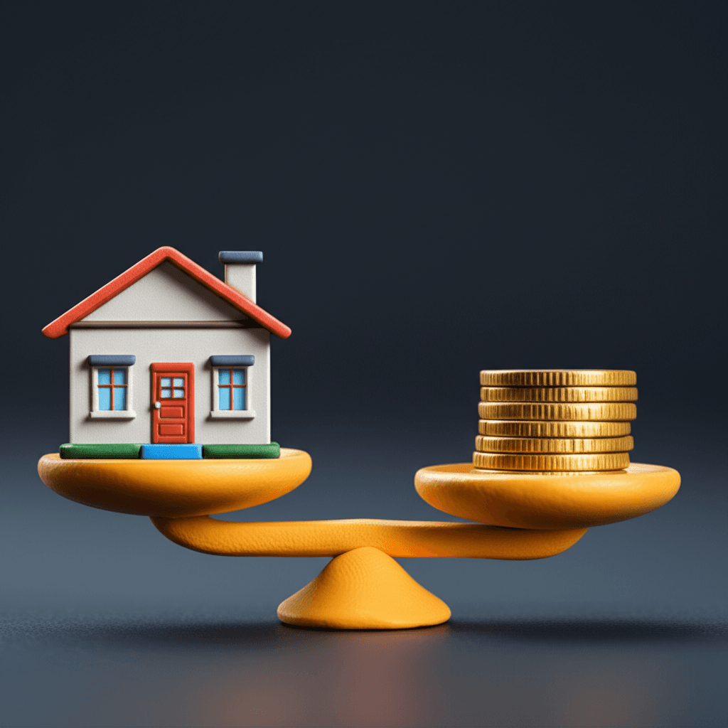 A balanced scale with a large, modern house icon representing capital growth weighing down one side, and a small stack of gold coins representing rental yield on the other, lighter side.