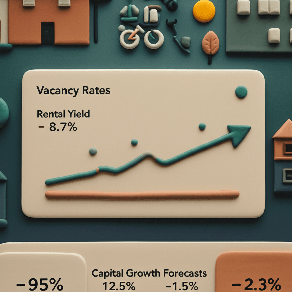 A modern dashboard displaying various real estate data points like vacancy rates, rental yield, and capital growth forecasts for a suburb