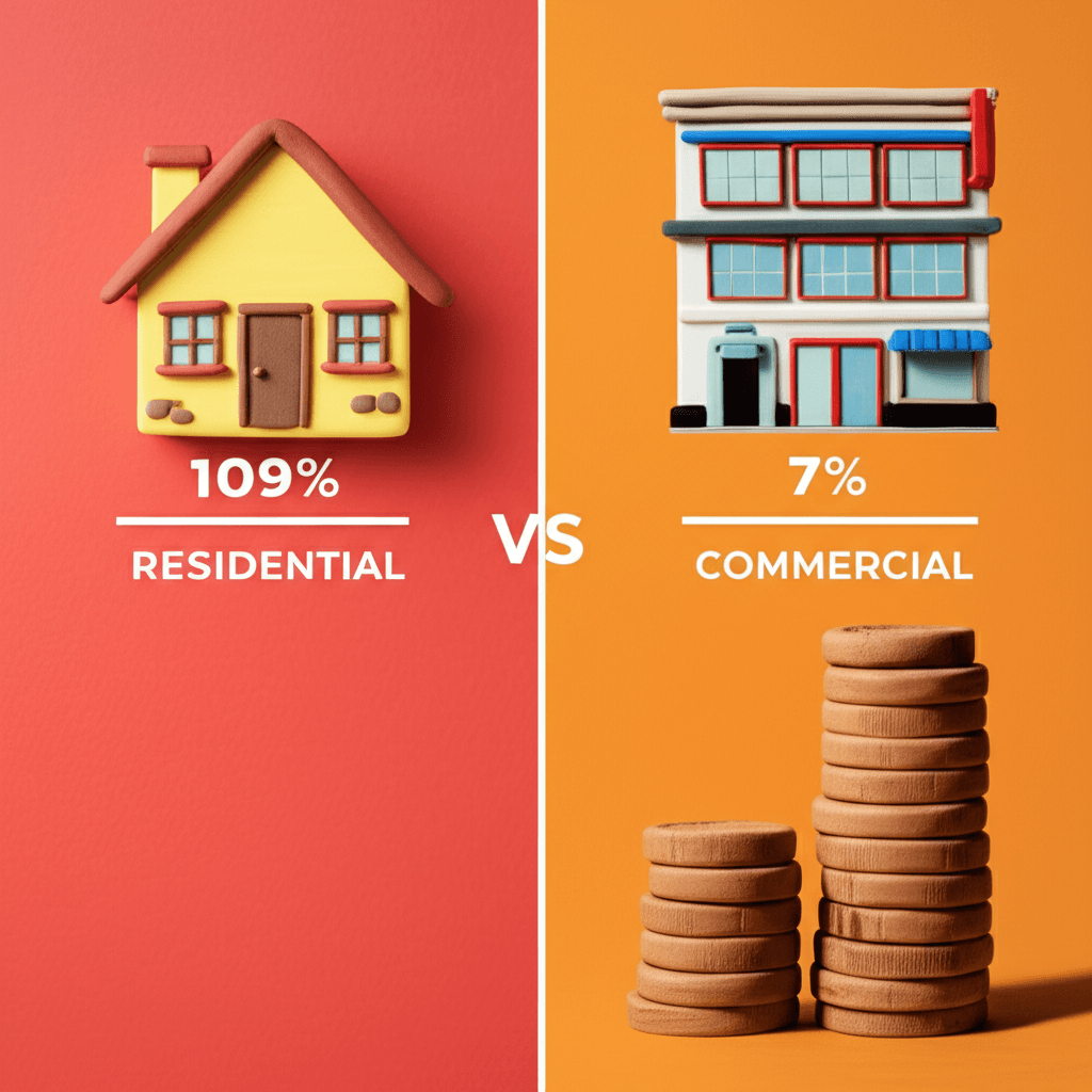 A split-screen comparison chart showing typical rental yields and deposit requirements for residential versus commercial property in Australia