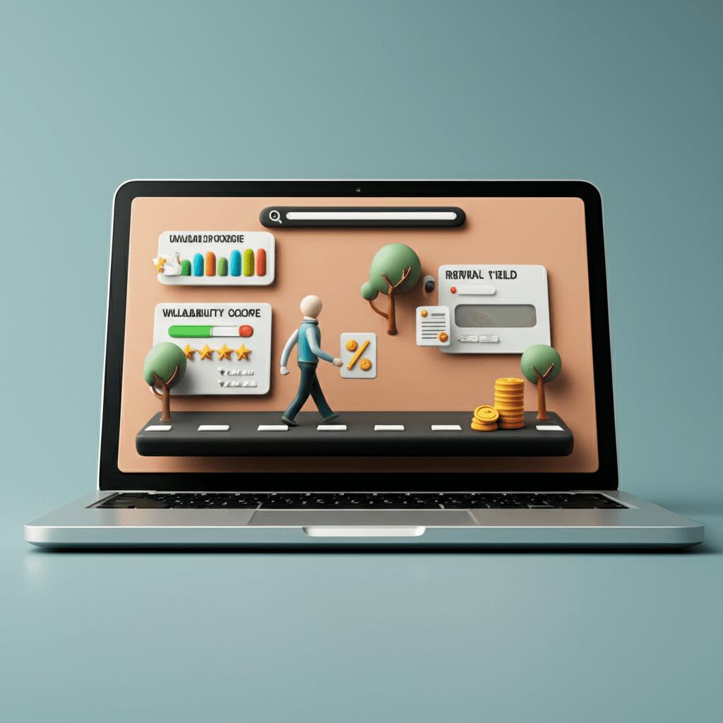 A modern graphic representing an AI-powered property search on a laptop screen, showing detailed data points like walkability, school performance, and rental yield.