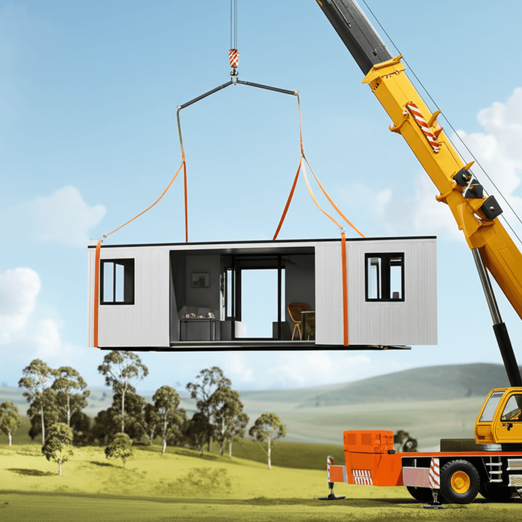 A modern, architecturally designed prefabricated home being lifted into place by a crane on a scenic Australian block of land